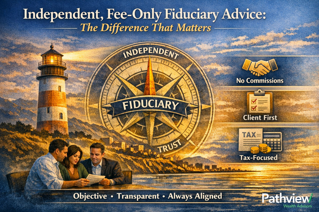 Editorial illustration showing a coastal lighthouse and ocean horizon beside a large compass labeled ‘Fiduciary,’ with icons highlighting no commissions, client‑first principles, and a tax‑focused approach. Pathview Wealth Advisors logo at the bottom right.