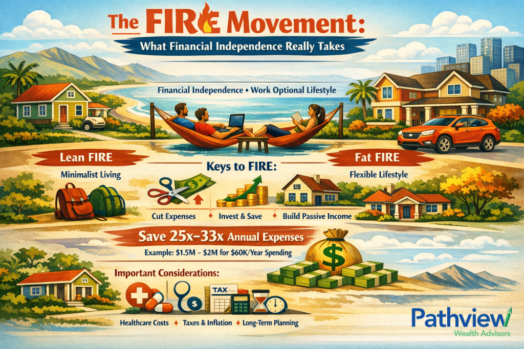 Illustrated overview of the FIRE movement showing Lean FIRE and Fat FIRE lifestyles, key concepts like cutting expenses, investing, building passive income, and saving 25x to 33x annual expenses to achieve financial independence. Pathview Wealth Advisors logo at the bottom right hand side of the image.