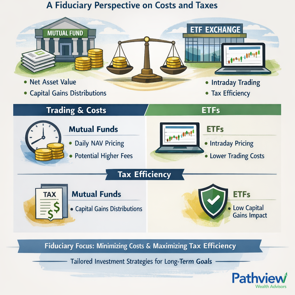 Illustrated comparison of ETFs and mutual funds showing a balance scale between the two, with sections highlighting trading and cost differences (daily NAV pricing vs intraday pricing) and tax efficiency (capital gains distributions vs lower capital gains impact).