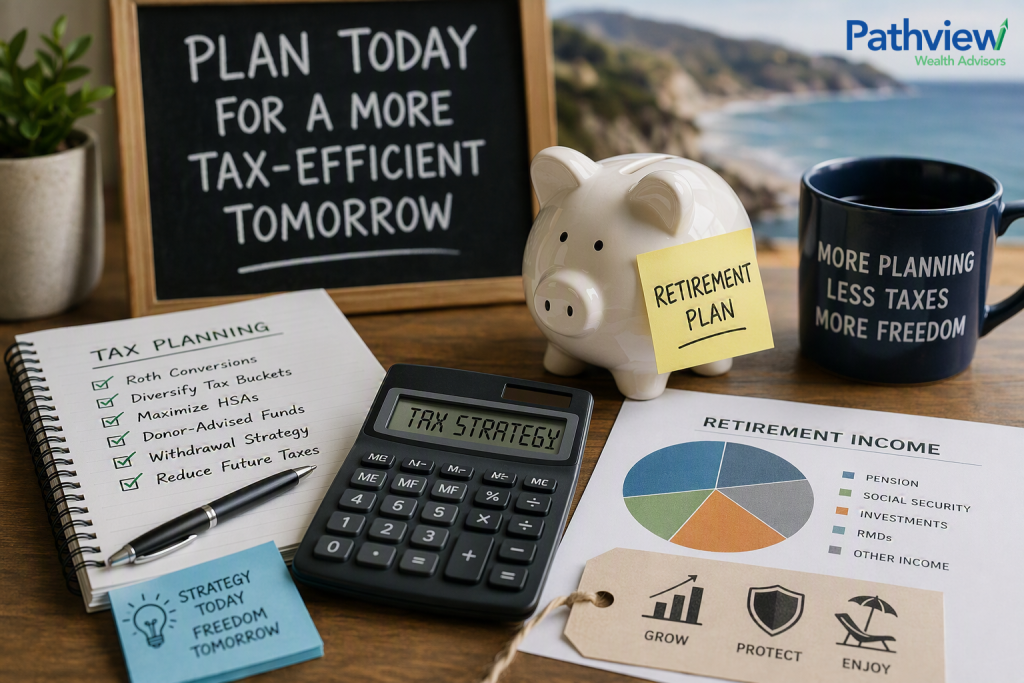 Untitled design (1) Retirement tax planning concept featuring a calculator, retirement income chart, piggy bank, tax planning checklist, and financial notes on a desk, illustrating strategies to reduce taxes and improve retirement income flexibility.